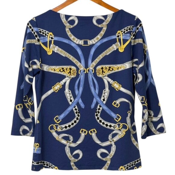 J. McLaughlin Signature Tee Top Catalina Cloth Navy Gold Belts Preppy Size L - Picture 4 of 11